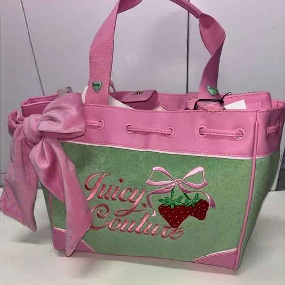 Juicy Couture Pink & Green Strawberry Embroidered NWT Retro Tote Purse Bag - Picture 1 of 6